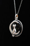 Cat Crescent Moon Crystal Pendant Necklace