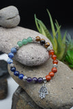 7 Chakras Yoga Meditation Healing Balancing Round Stone Beads Stretch Bracelet with Tree of Life / Hamsa Hand Charm