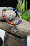 7 Chakras Yoga Meditation Healing Balancing Round Stone Beads Stretch Bracelet with Tree of Life / Hamsa Hand Charm