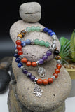 7 Chakras Yoga Meditation Healing Balancing Round Stone Beads Stretch Bracelet with Tree of Life / Hamsa Hand Charm