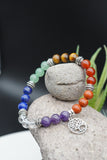 7 Chakras Yoga Meditation Healing Balancing Round Stone Beads Stretch Bracelet with Tree of Life / Hamsa Hand Charm
