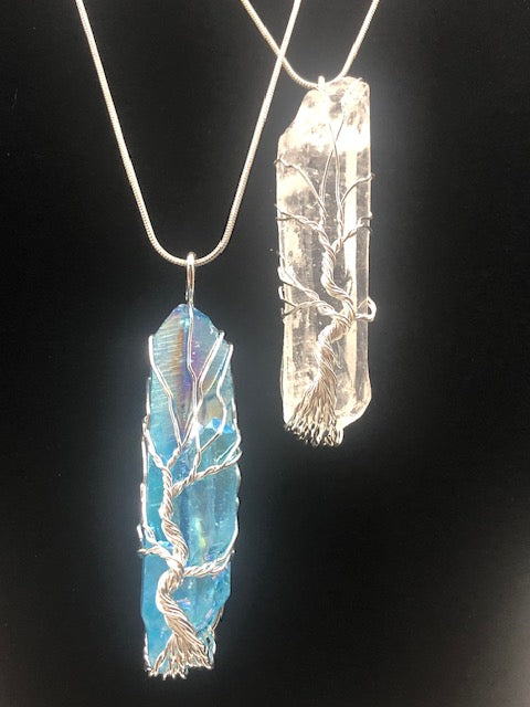Blue and Clear Aura Quartz Crystal Necklace
