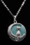 Cat Crescent Moon Crystal Pendant Necklace