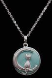 Cat Crescent Moon Crystal Pendant Necklace