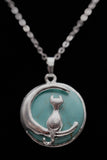 Cat Crescent Moon Crystal Pendant Necklace