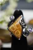 Custom 925K Sterling Silver Fossil Agatized Coral with Purple Amethyst Gemstone Ring