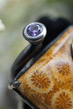 Custom 925K Sterling Silver Fossil Agatized Coral with Purple Amethyst Gemstone Ring