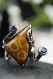 Custom 925K Sterling Silver Fossil Agatized Coral with Purple Amethyst Gemstone Ring
