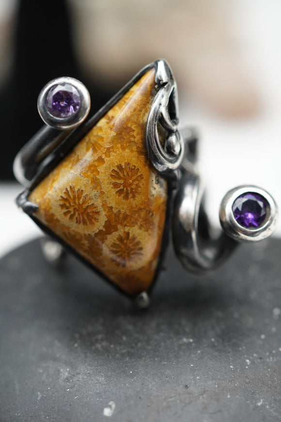 Custom 925K Sterling Silver Fossil Agatized Coral with Purple Amethyst Gemstone Ring