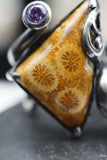 Custom 925K Sterling Silver Fossil Agatized Coral with Purple Amethyst Gemstone Ring