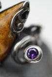 Custom 925K Sterling Silver Fossil Agatized Coral with Purple Amethyst Gemstone Ring