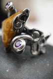 Custom 925K Sterling Silver Fossil Agatized Coral with Purple Amethyst Gemstone Ring