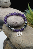 Lepidolite Amethyst Hematite Rock Crystal Quartz Yoga Meditation Healing Balancing Round Stone Beads Stretch Bracelet with Tree of Life Charm