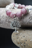 Lepidolite Amethyst Hematite Rock Crystal Quartz Yoga Meditation Healing Balancing Round Stone Beads Stretch Bracelet with Tree of Life Charm