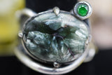 Gorgeous custom made 925K Sterling Silver with Seraphinite and Emerald Gemstones Ring 