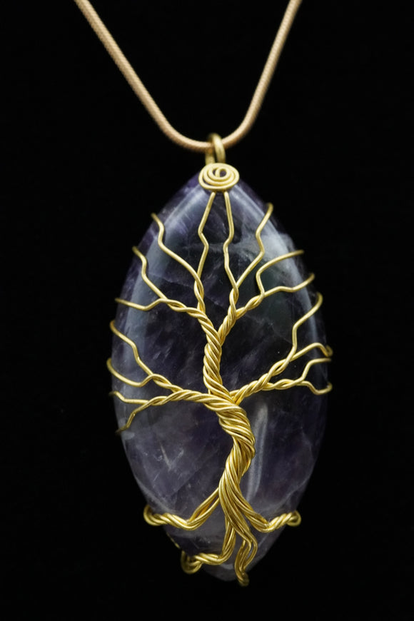 Oval Tree of Life Wire Wrapped Crystal Gemstone Pendant Necklace (Various Options)