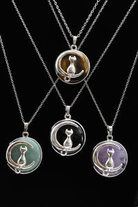 Cat Crescent Moon Crystal Pendant Necklace