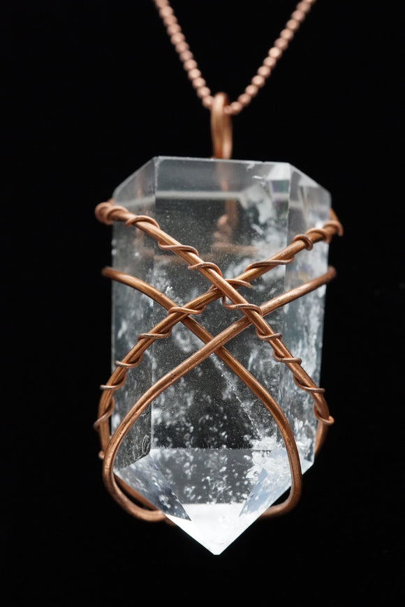 Clear Quartz Crystal Single Terminated Copper Wire Wrap Pendant Necklace