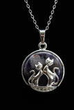 Duo Cats in Moon Amethyst Lava Rock Lapis Lazuli Green Aventurine Crystal Pendant Necklace