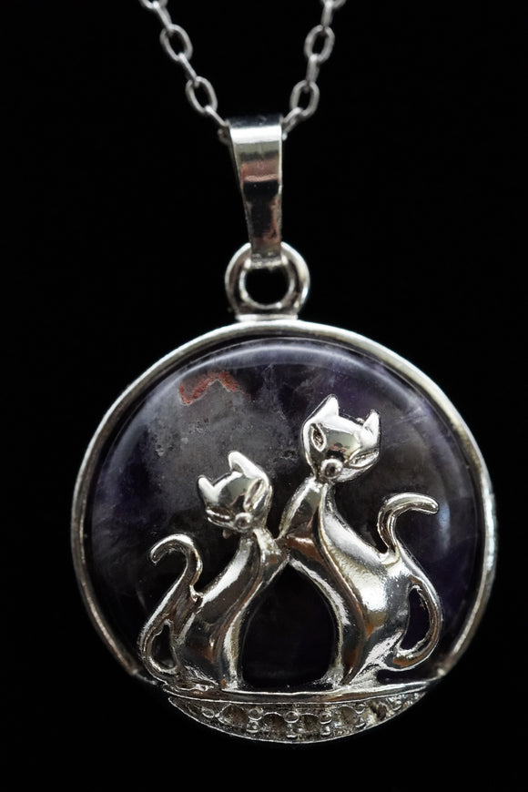 Duo Cats in Moon Amethyst Lava Rock Lapis Lazuli Green Aventurine Crystal Pendant Necklace