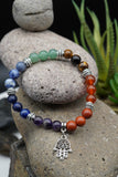 7 Chakras Yoga Meditation Healing Balancing Round Stone Beads Stretch Bracelet with Tree of Life / Hamsa Hand Charm