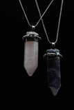 Chevron Banded Amethyst and Rose Quartz Crystal Point Pendant Necklace