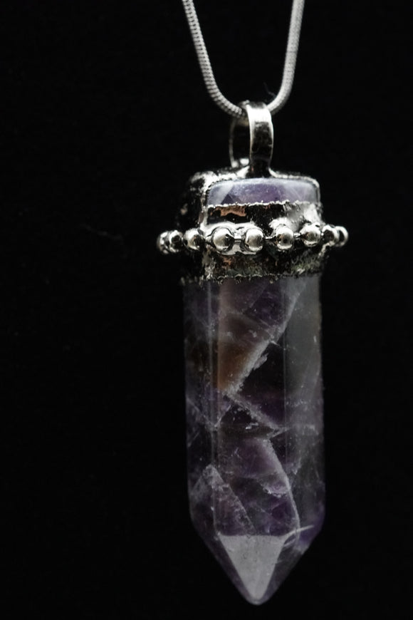 Chevron Banded Amethyst and Rose Quartz Crystal Point Pendant Necklace