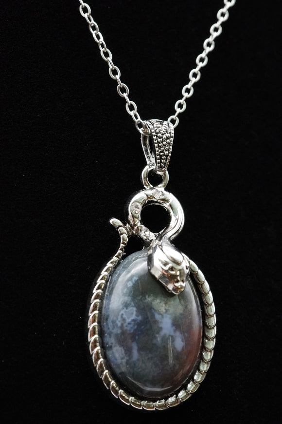 Moss Agate Crystal Snake Pendant Necklace